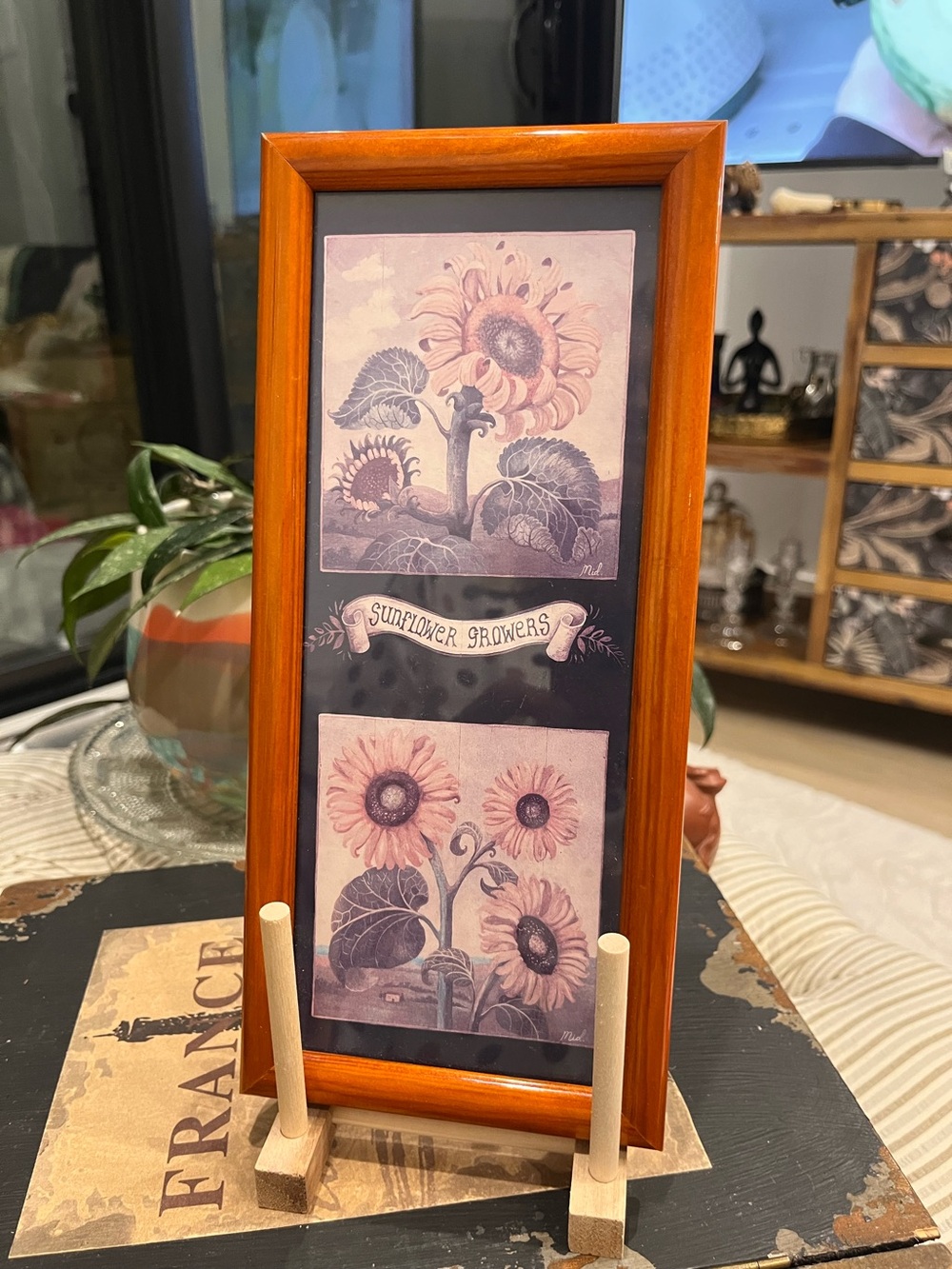Vintage inspired Sunflower Growers Framed Art Print in Warm Wood Finish
